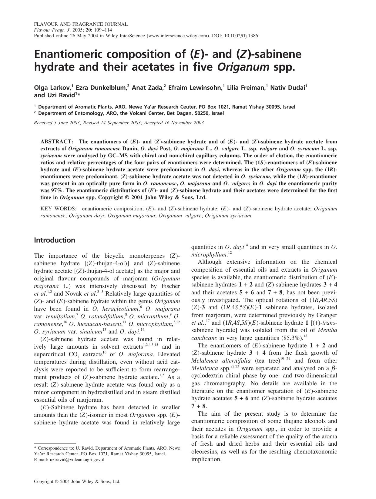 Enantiomeric composition of (E)- and (Z)-sabinene hydrate and their acetates in five Origanum spp. by Fuht