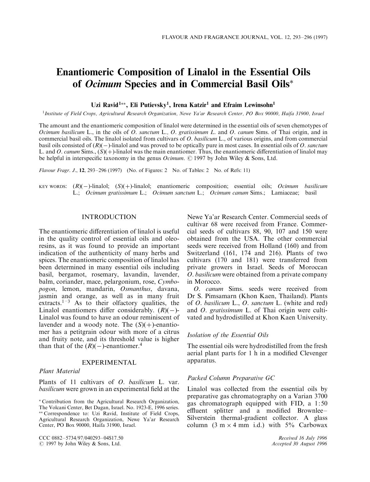 Enantiomeric composition of linalol in the essential oils of Ocimum species and in commercial basil oils by Unknown