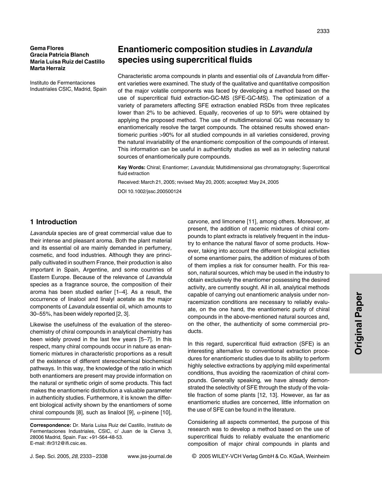 Enantiomeric composition studies in Lavandula species using supercritical fluids by Unknown