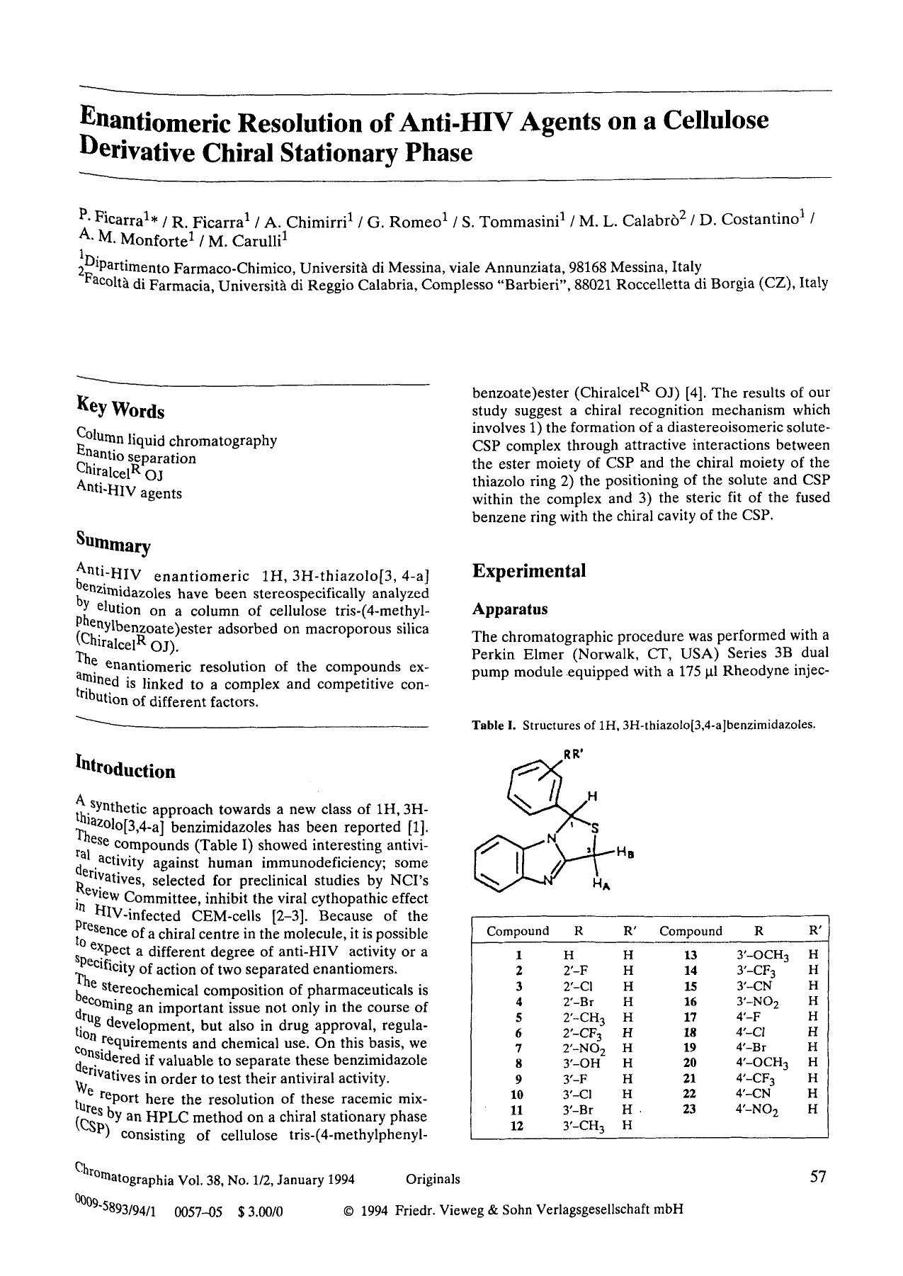 Enantiomeric resolution of anti-HIV agents on a cellulose derivative chiral stationary phase by Unknown