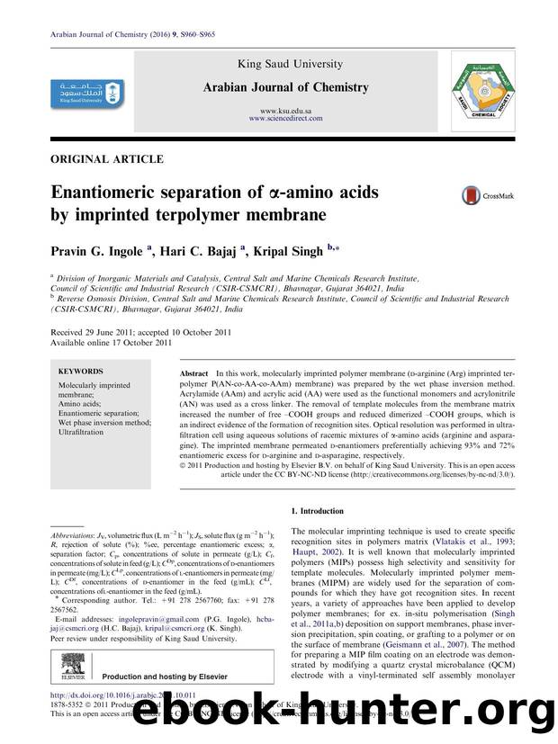 Enantiomeric separation of ÃÂ±-amino acids by imprinted terpolymer membrane by Pravin G. Ingole & Hari C. Bajaj & Kripal Singh