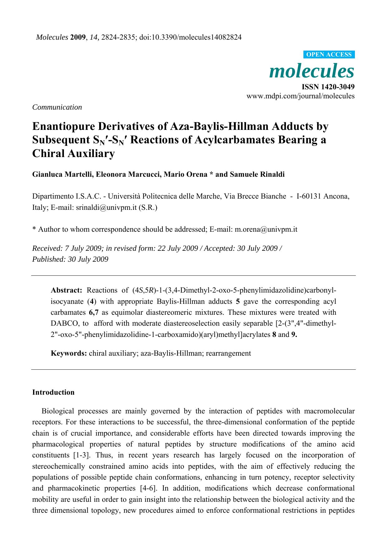 Enantiopure Derivatives of Aza-Baylis-Hillman Adducts by Subsequent SNâ²-SNâ² Reactions of Acylcarbamates Bearing a Chiral Auxiliary by Gianluca Martelli & Eleonora Marcucci & Mario Orena & Samuele Rinaldi