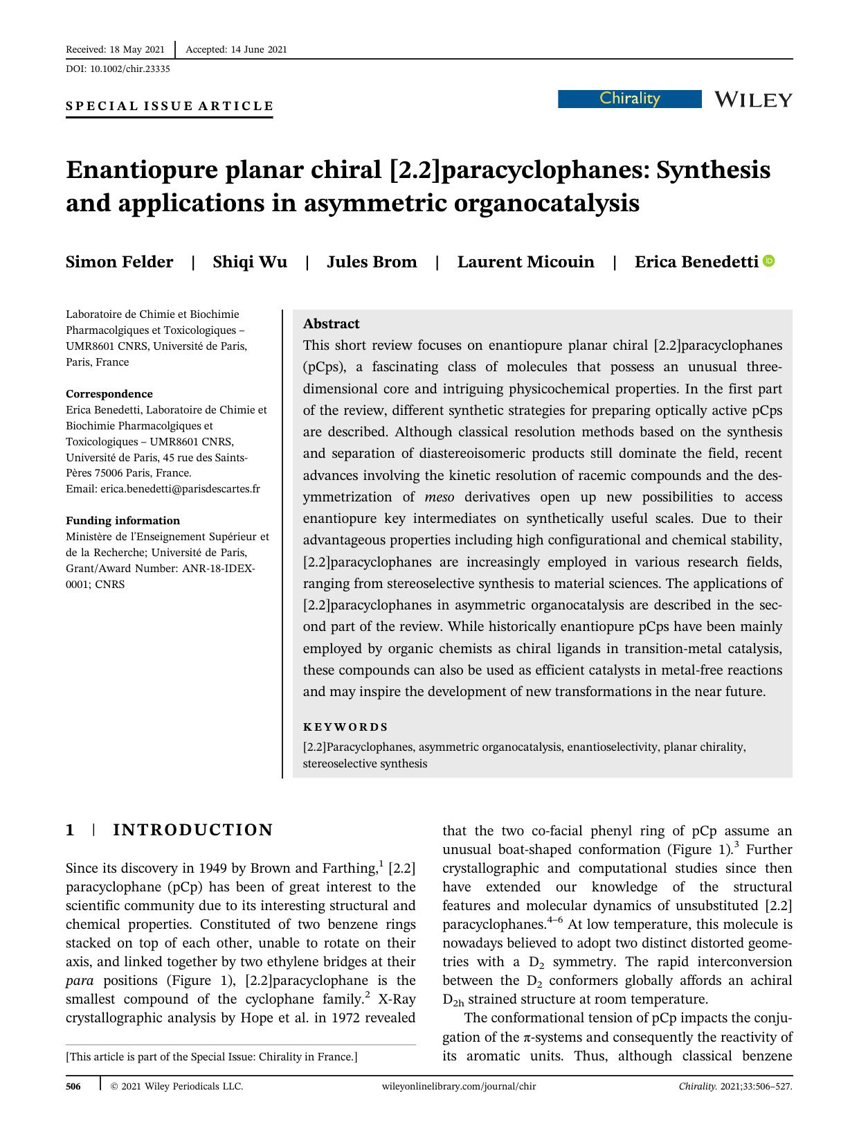 Enantiopure planar chiral [2.2]paracyclophanes: Synthesis and applications in asymmetric organocatalysis by Simon Felder Shiqi Wu Jules Brom Laurent Micouin Erica Benedetti