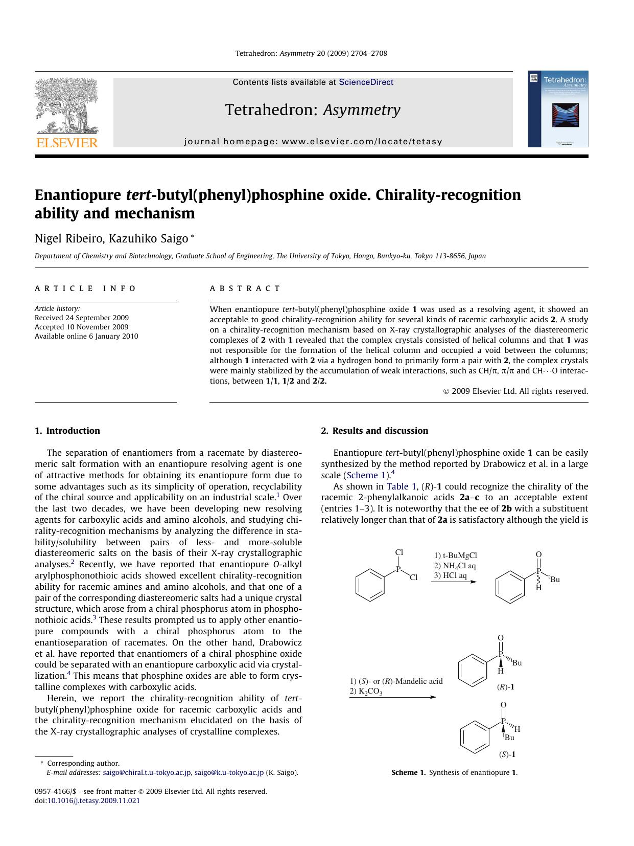 Enantiopure tert-butyl(phenyl)phosphine oxide. Chirality-recognition ability and mechanism by Nigel Ribeiro; Kazuhiko Saigo