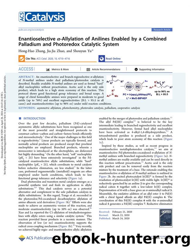 Enantioselective Î±-Allylation of Anilines Enabled by a Combined Palladium and Photoredox Catalytic System by Hong-Hao Zhang Jia-Jia Zhao & Shouyun Yu