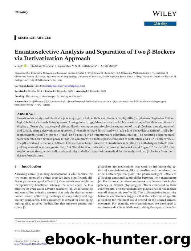 Enantioselective Analysis and Separation of Two Î²âBlockers via Derivatization Approach by Unknown