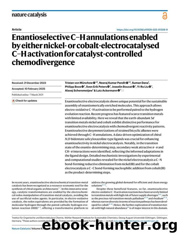 Enantioselective CâH annulations enabled by either nickel- or cobalt-electrocatalysed CâH activation for catalyst-controlled chemodivergence by unknow