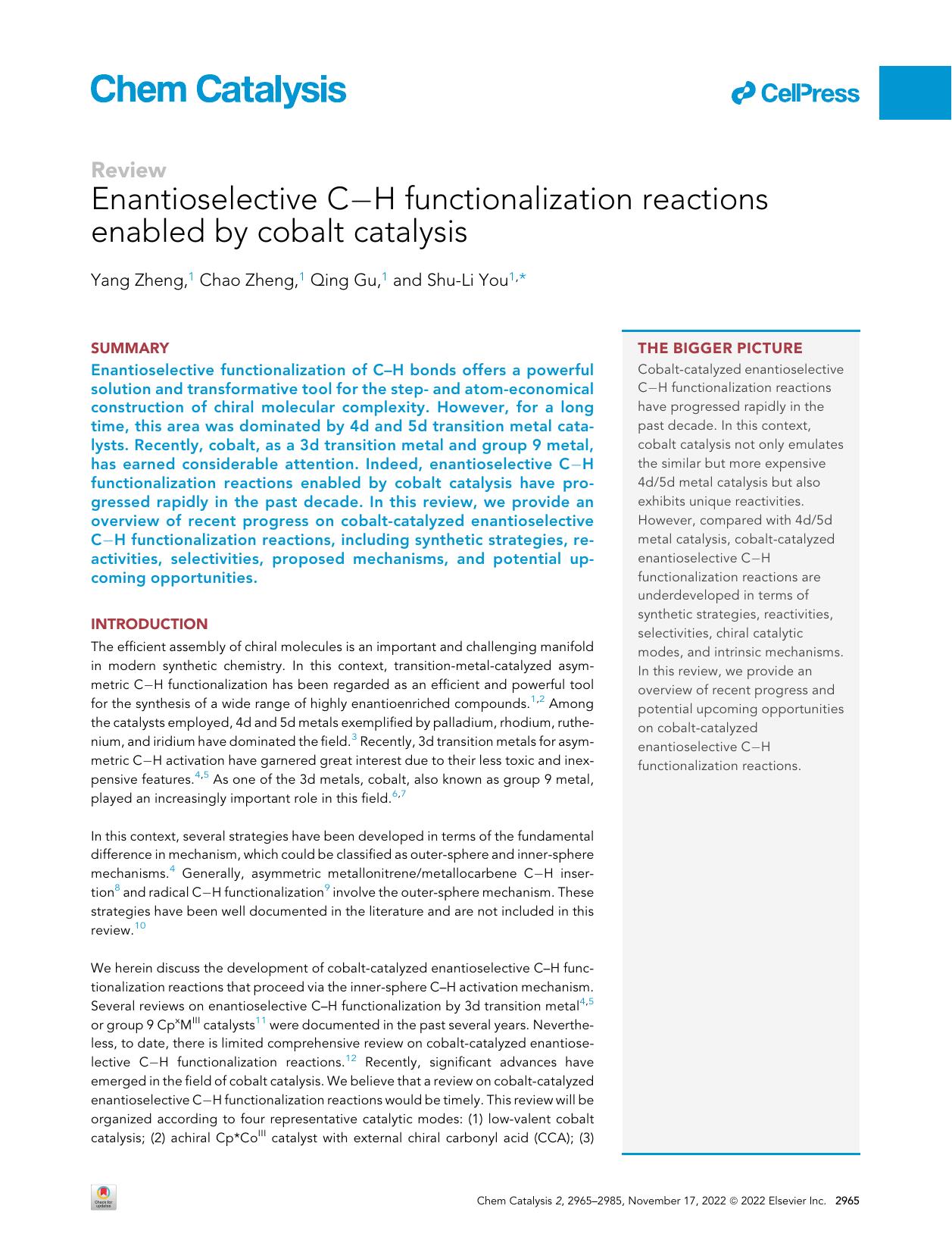 Enantioselective C-H functionalization reactions enabled by cobalt catalysis by Yang Zheng & Chao Zheng & Qing Gu & Shu-Li You