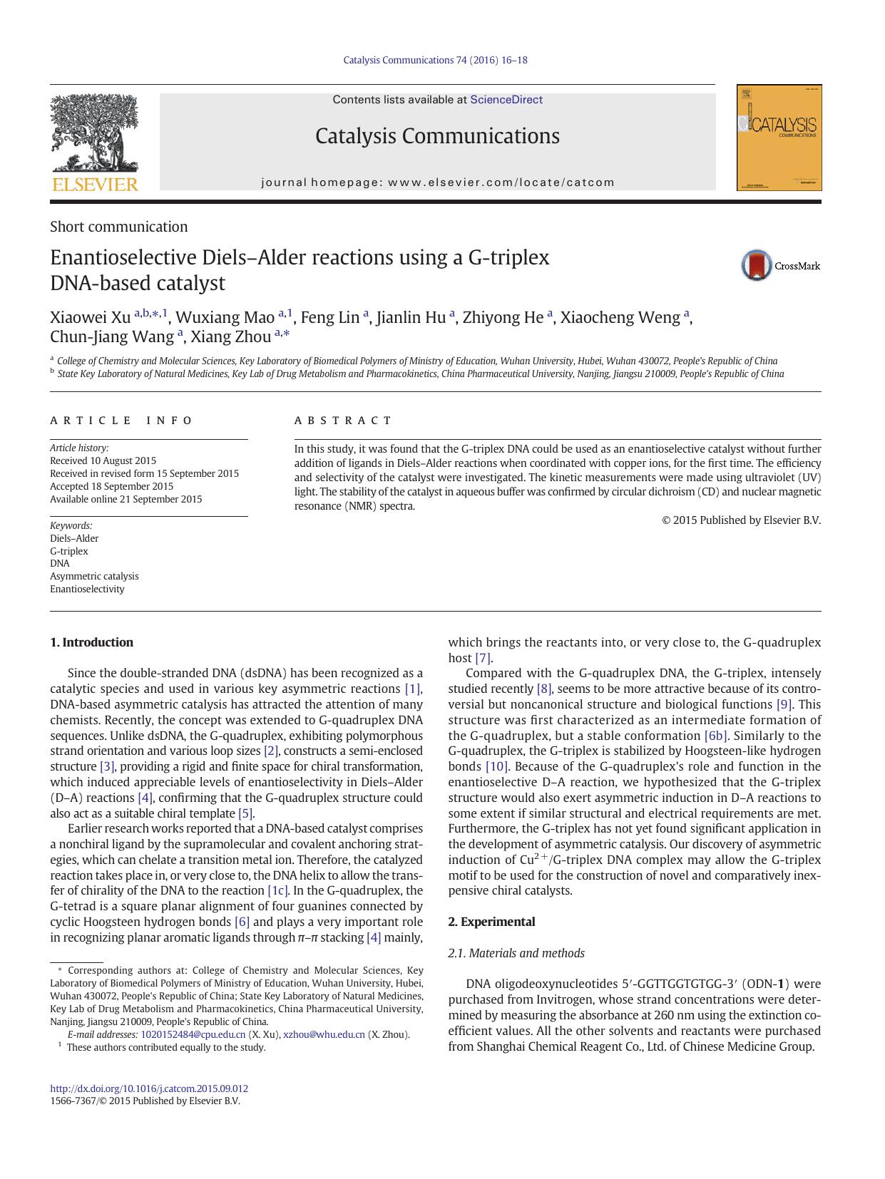 Enantioselective DielsâAlder reactions using a G-triplex DNA-based catalyst by unknow