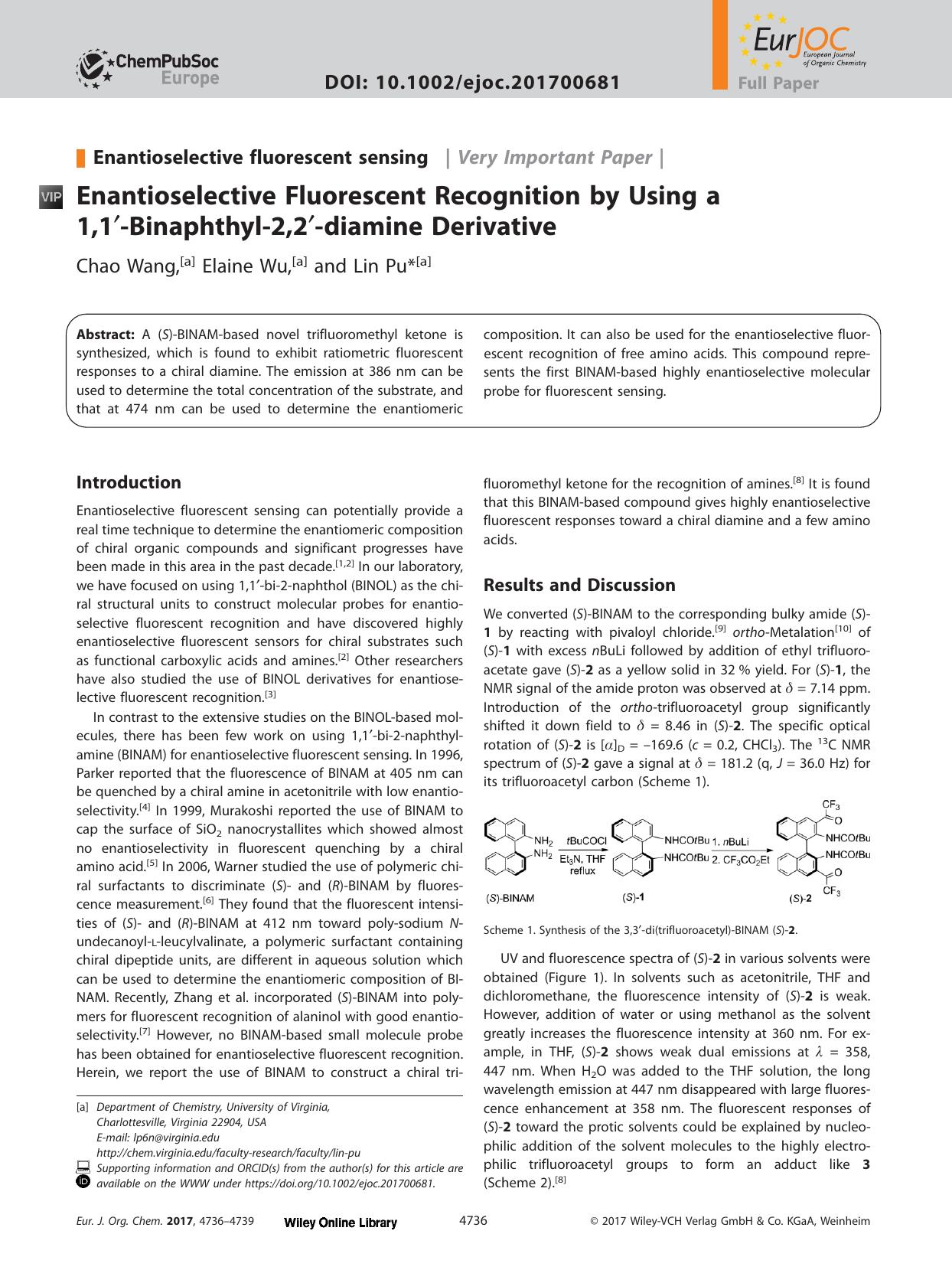 Enantioselective Fluorescent Recognition by Using a 1,1&#x02032;&#x02010;Binaphthyl&#x02010;2,2&#x02032;&#x02010;diamine Derivative by Unknown