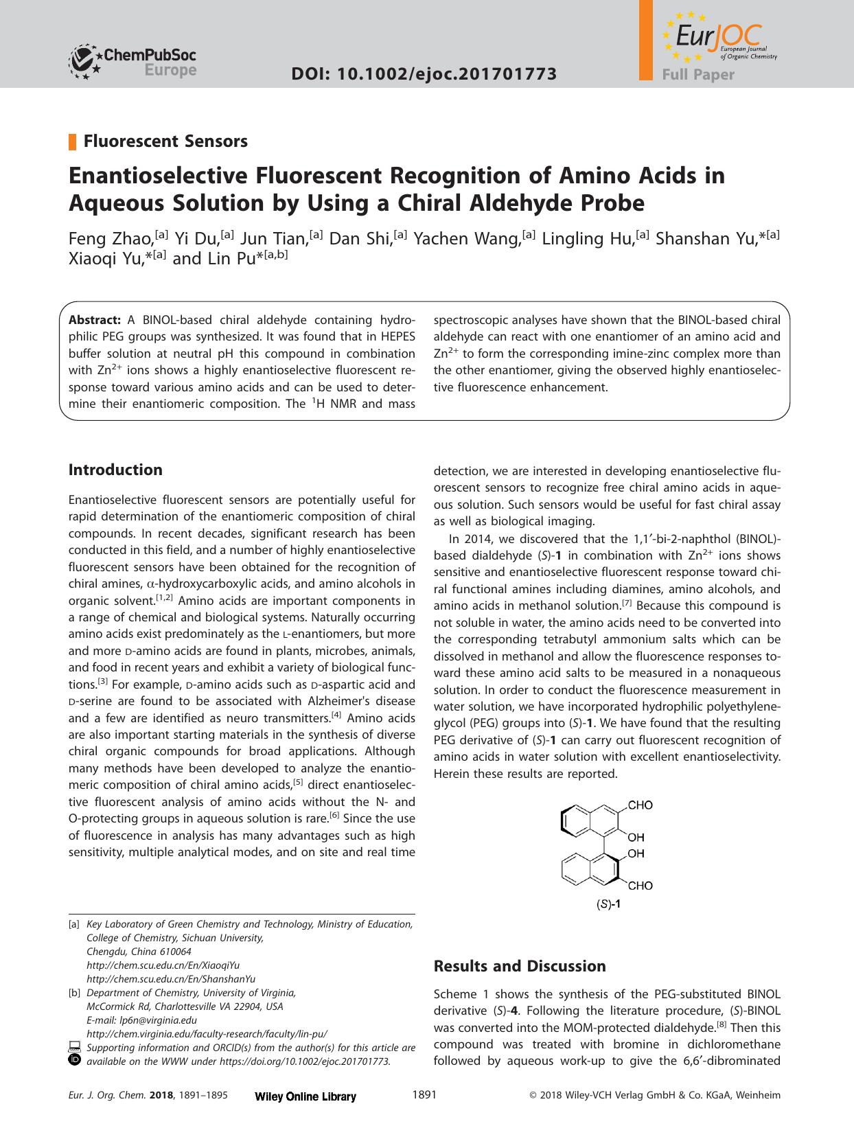 Enantioselective Fluorescent Recognition of Amino Acids in Aqueous Solution by Using a Chiral Aldehyde Probe by Unknown