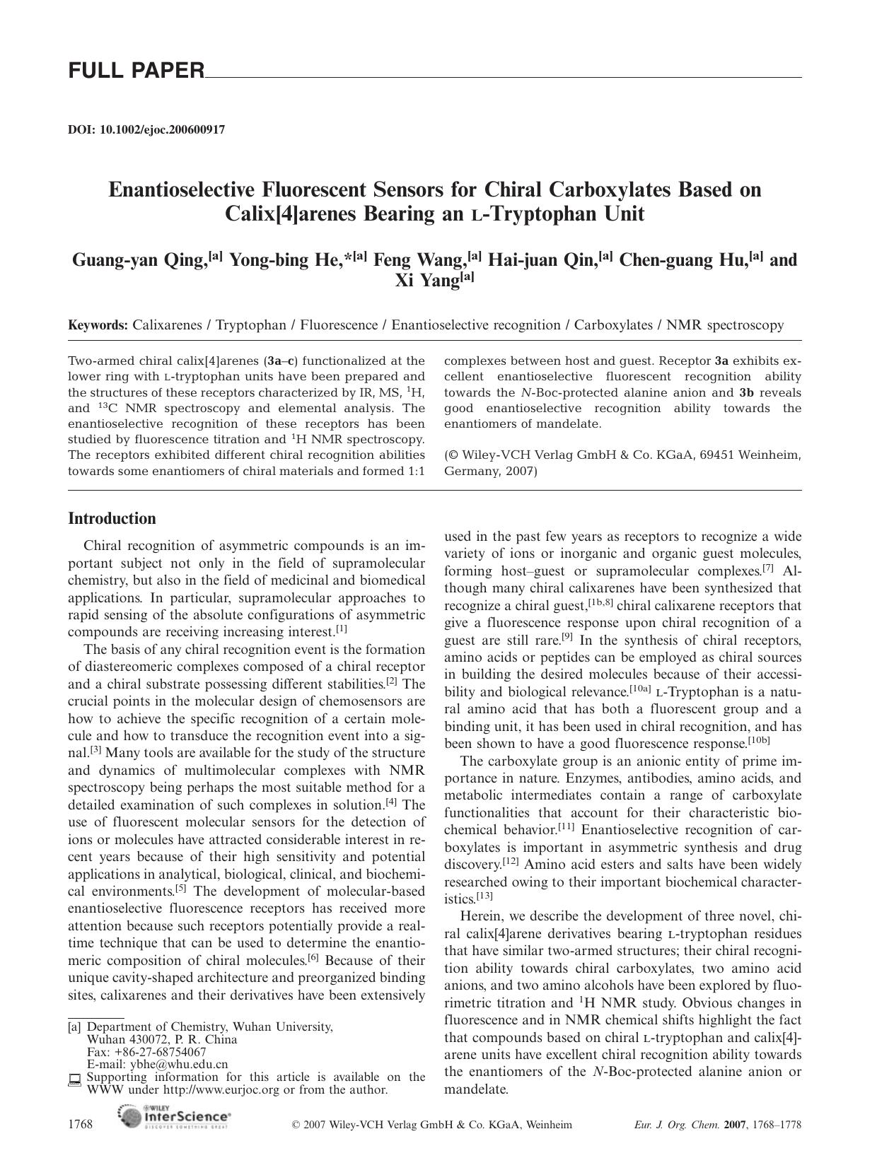 Enantioselective Fluorescent Sensors for Chiral Carboxylates Based on Calix[4]arenes Bearing an L-Tryptophan Unit by Unknown