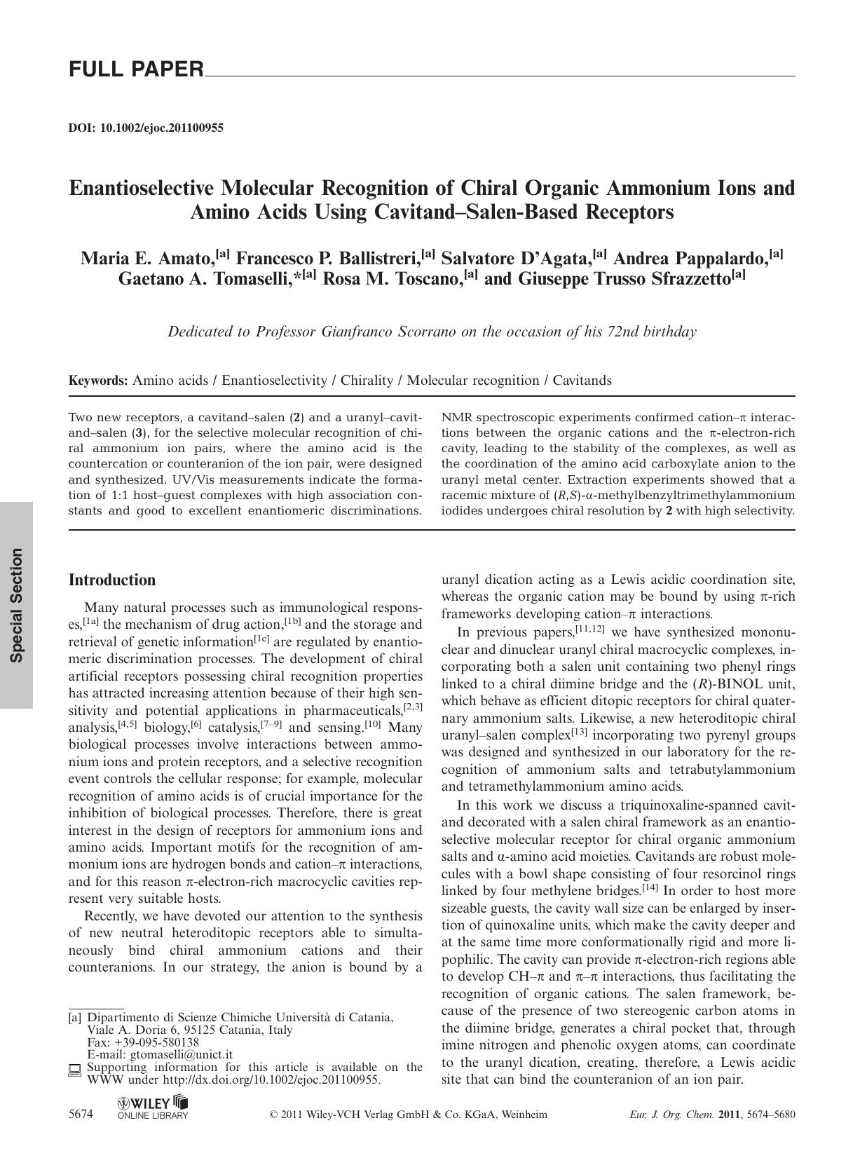 Enantioselective Molecular Recognition of Chiral Organic Ammonium Ions and Amino Acids Using CavitandSalenBased Receptors by Unknown