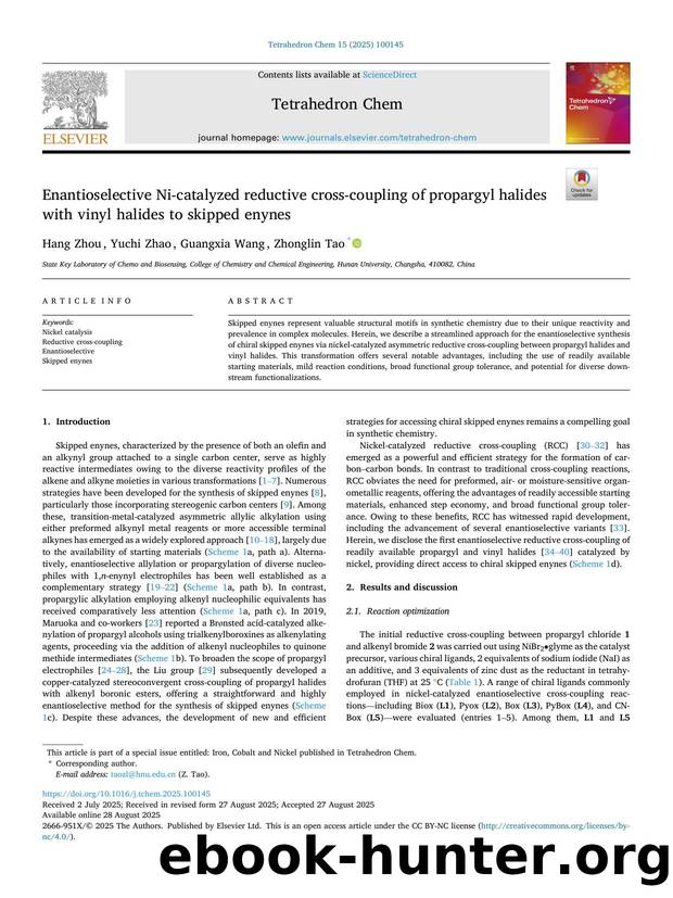 Enantioselective Ni-catalyzed reductive cross-coupling of propargyl halides with vinyl halides to skipped enynes by Hang Zhou & Yuchi Zhao & Guangxia Wang & Zhonglin Tao
