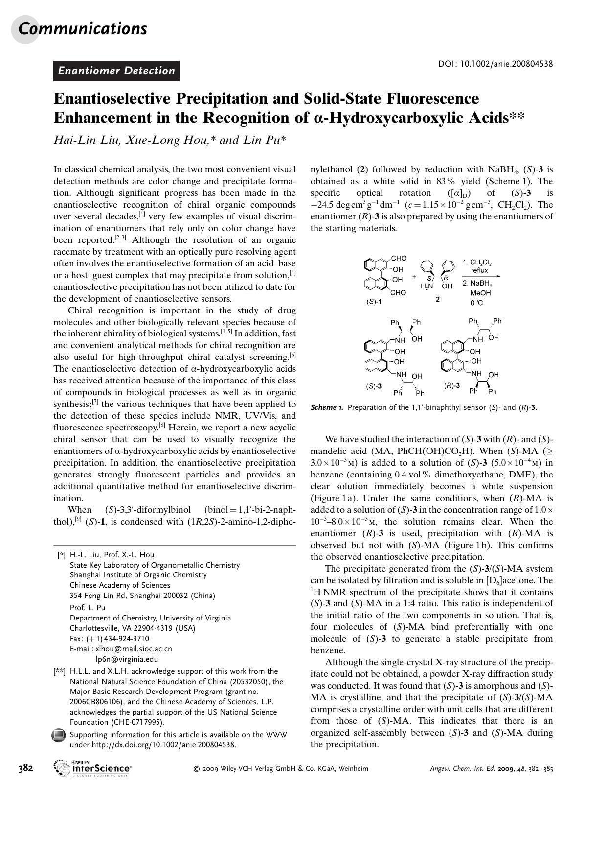 Enantioselective Precipitation and Solid-State Fluorescence Enhancement in the Recognition of [alpha]-Hydroxycarboxylic Acids by Unknown