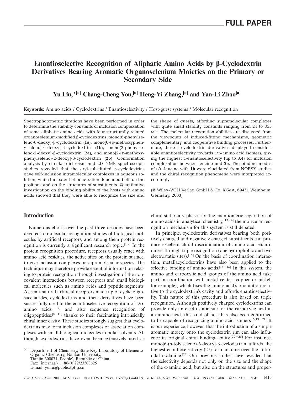 Enantioselective Recognition of Aliphatic Amino Acids by [beta]-Cyclodextrin Derivatives Bearing Aromatic Organoselenium Moieties on the Primary or Secondary Side by Unknown