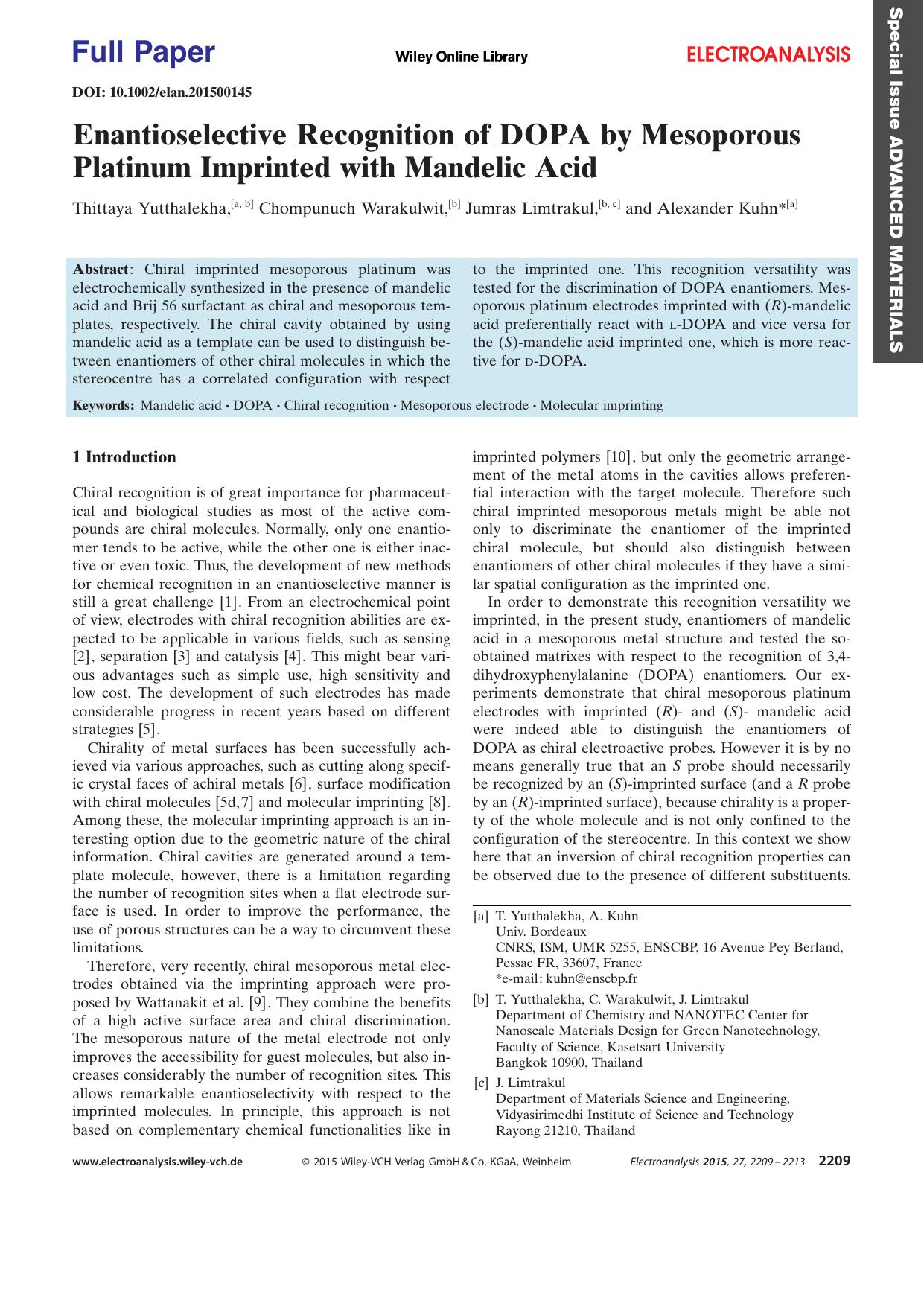 Enantioselective Recognition of DOPA by Mesoporous Platinum Imprinted with Mandelic Acid by Unknown