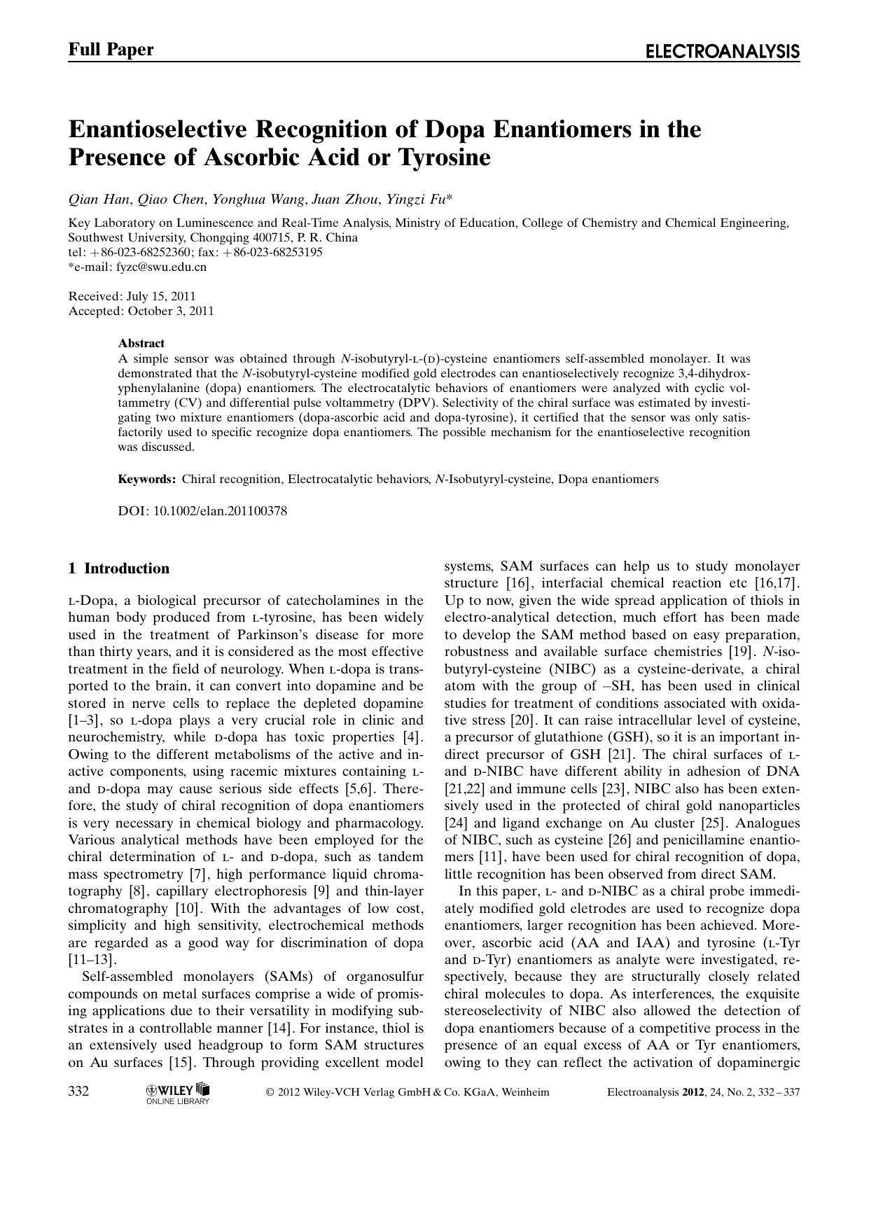 Enantioselective Recognition of Dopa Enantiomers in the Presence of Ascorbic Acid or Tyrosine by Unknown