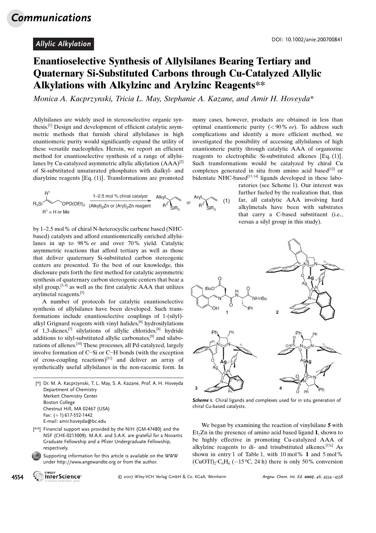 Enantioselective Synthesis of Allylsilanes Bearing Tertiary and Quaternary Si-Substituted Carbons through Cu-Catalyzed Allylic Alkylations with Alkylzinc and Arylzinc Reagents by Unknown