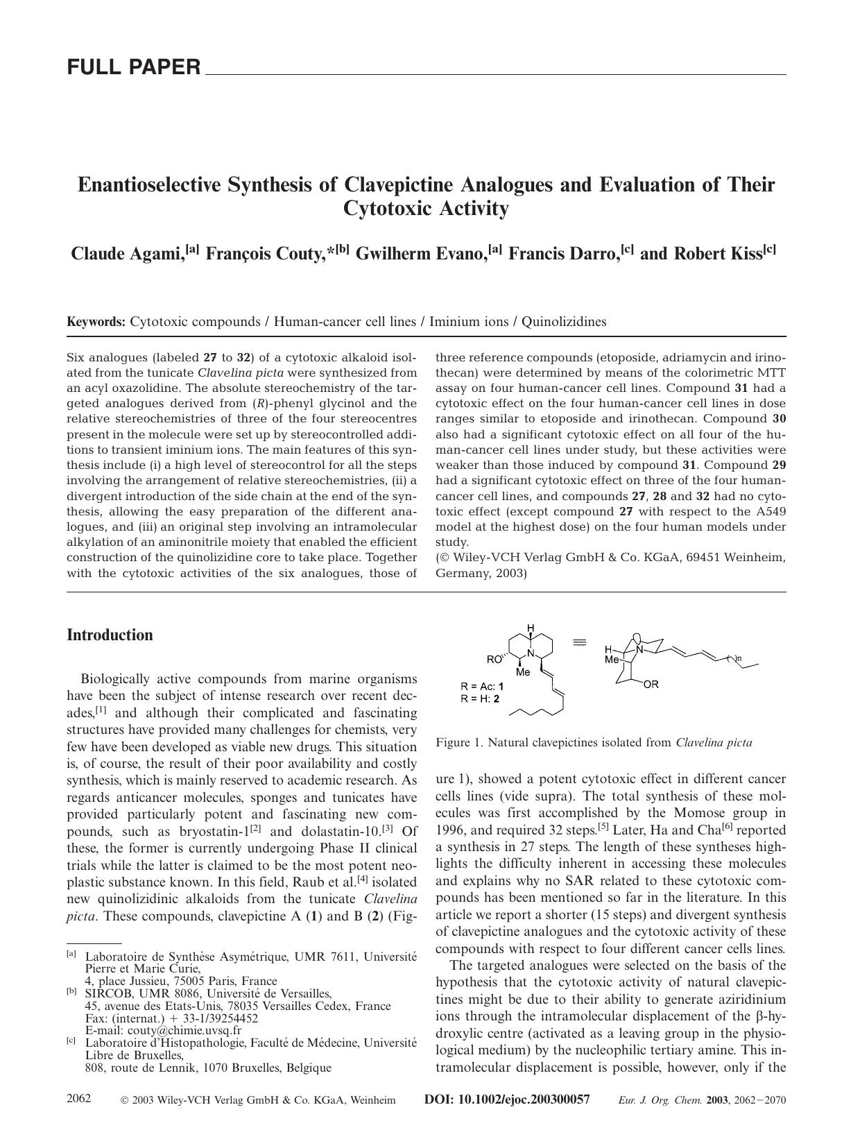 Enantioselective Synthesis of Clavepictine Analogues and Evaluation of Their Cytotoxic Activity by Unknown