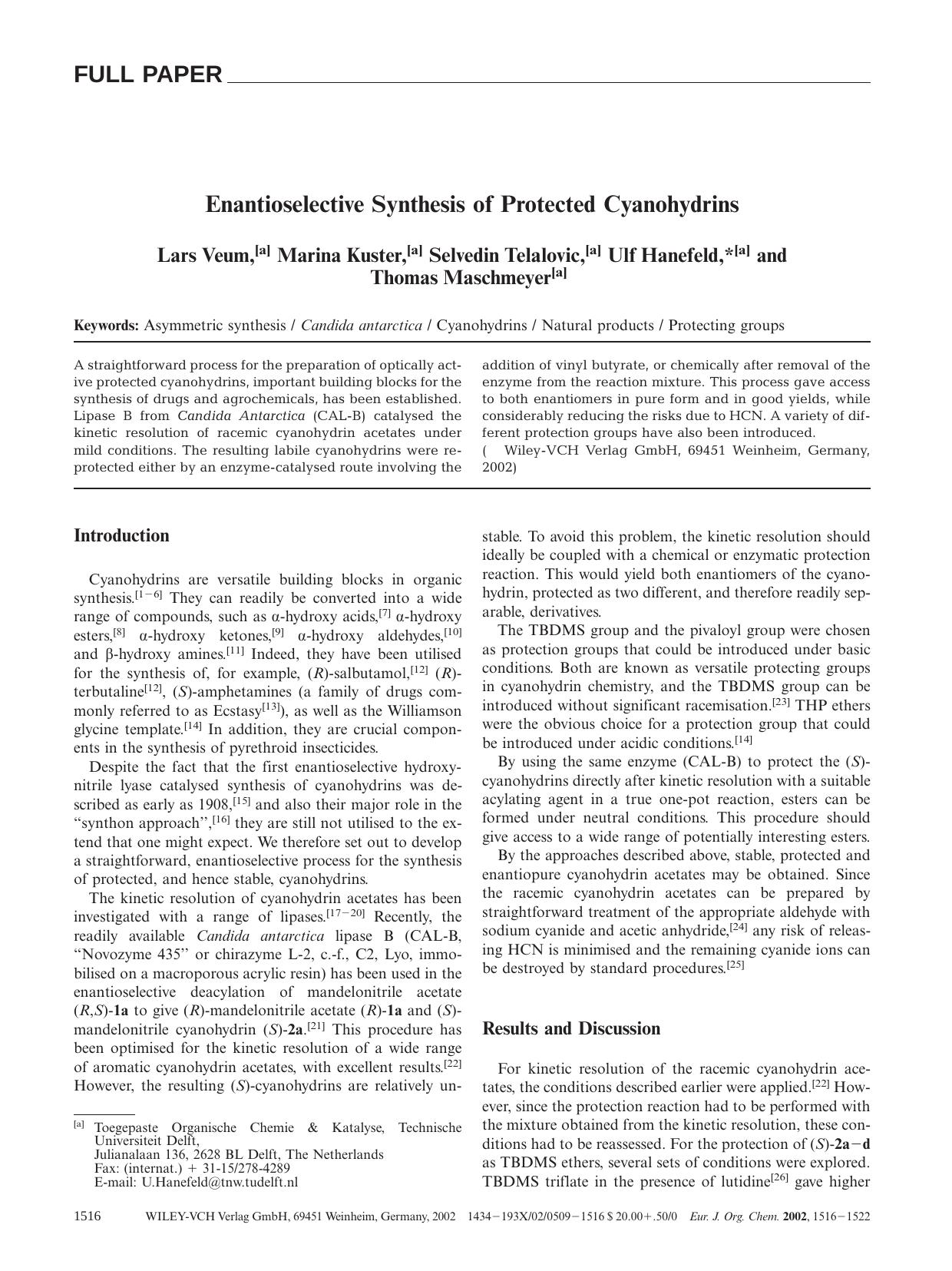 Enantioselective Synthesis of Protected Cyanohydrins by Unknown