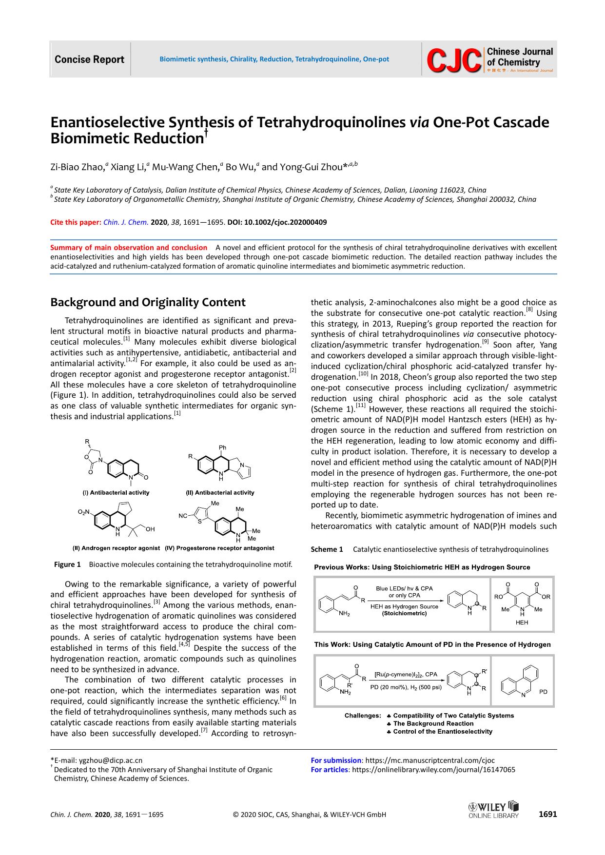 Enantioselective Synthesis of Tetrahydroquinolines via One-pot Cascade Biomimetic Reduction by unknown