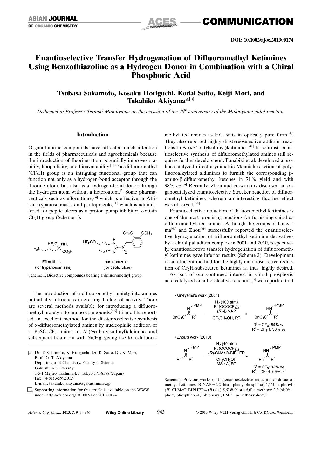 Enantioselective Transfer Hydrogenation of Difluoromethyl Ketimines Using Benzothiazoline as a Hydrogen Donor in Combination with a Chiral Phosphoric Acid by Unknown