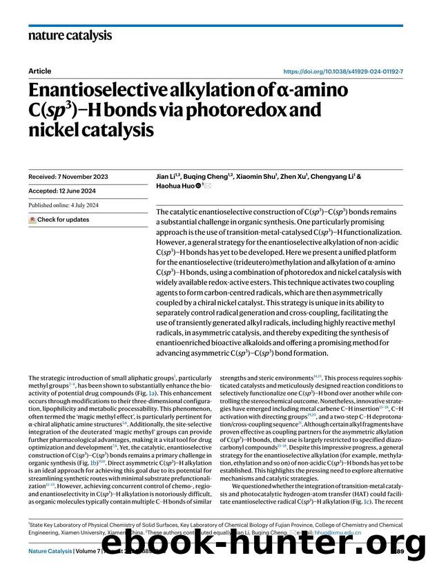 Enantioselective alkylation of Î±-amino C(sp3)âH bonds via photoredox and nickel catalysis by Jian Li & Buqing Cheng & Xiaomin Shu & Zhen Xu & Chengyang Li & Haohua Huo