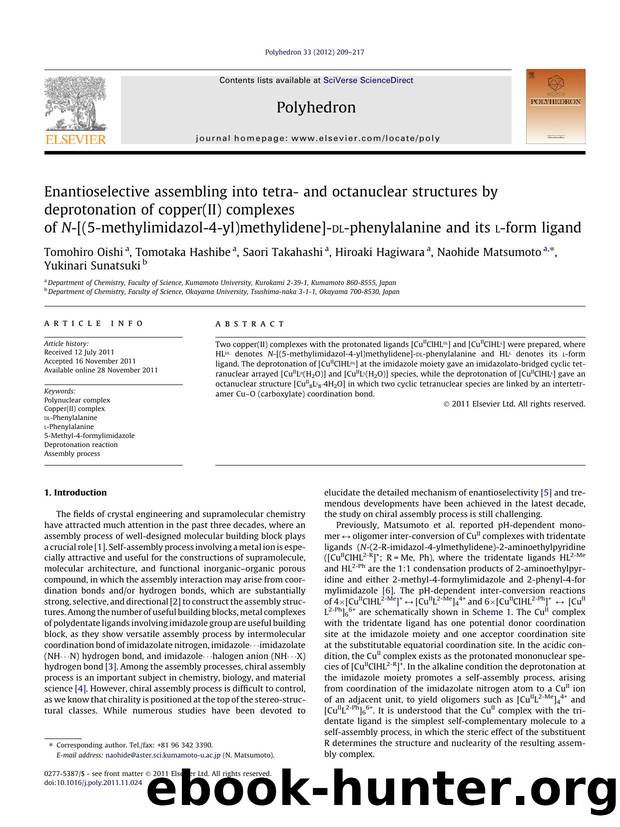 Enantioselective assembling into tetra- and octanuclear structures by deprotonation of copper(II) complexes of N-[(5-methylimidazol-4-yl)methylidene]-dl-phenylalanine and its l-form ligand by unknow