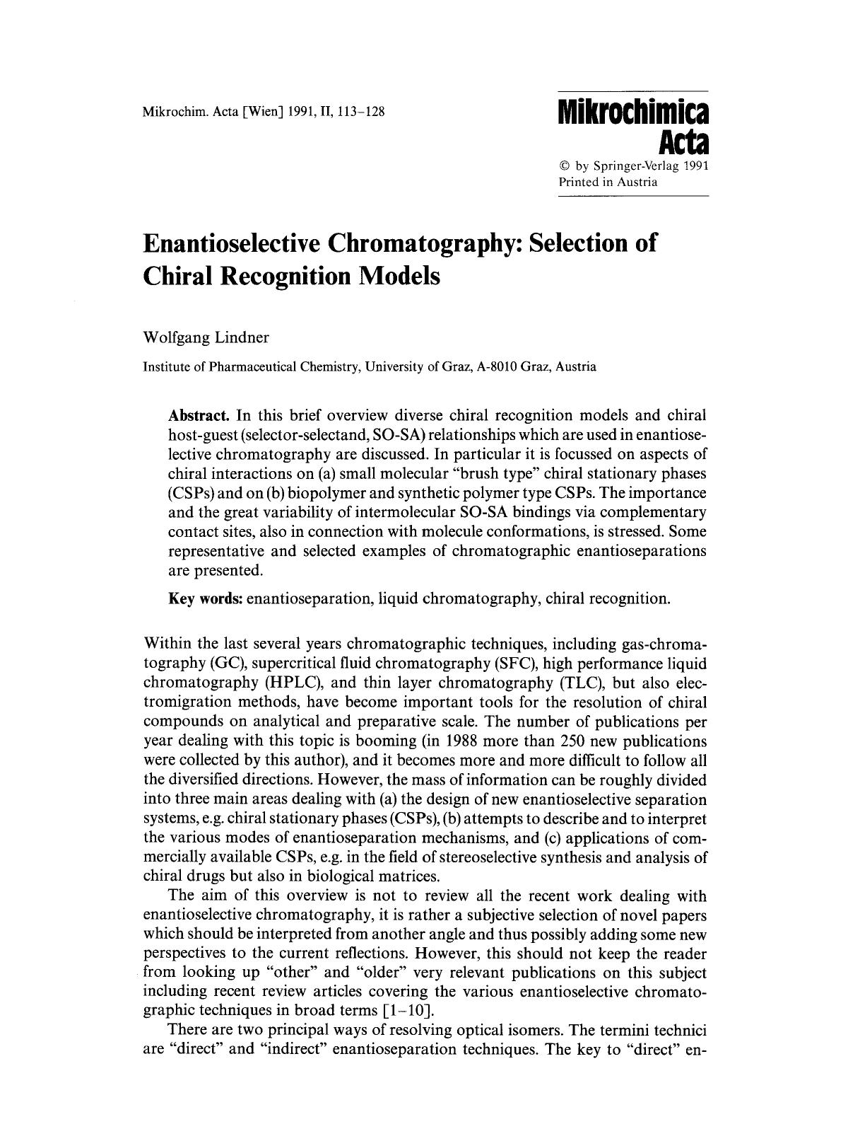 Enantioselective chromatography: Selection of chiral recognition models by Unknown