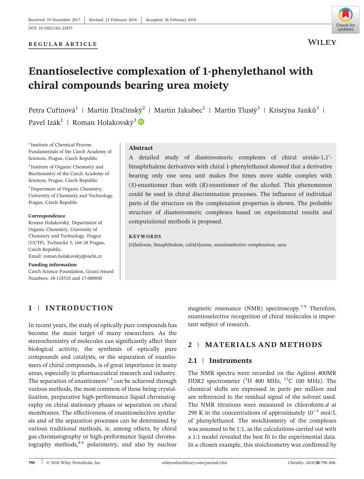 Enantioselective complexation of 1âphenylethanol with chiral compounds bearing urea moiety by unknow