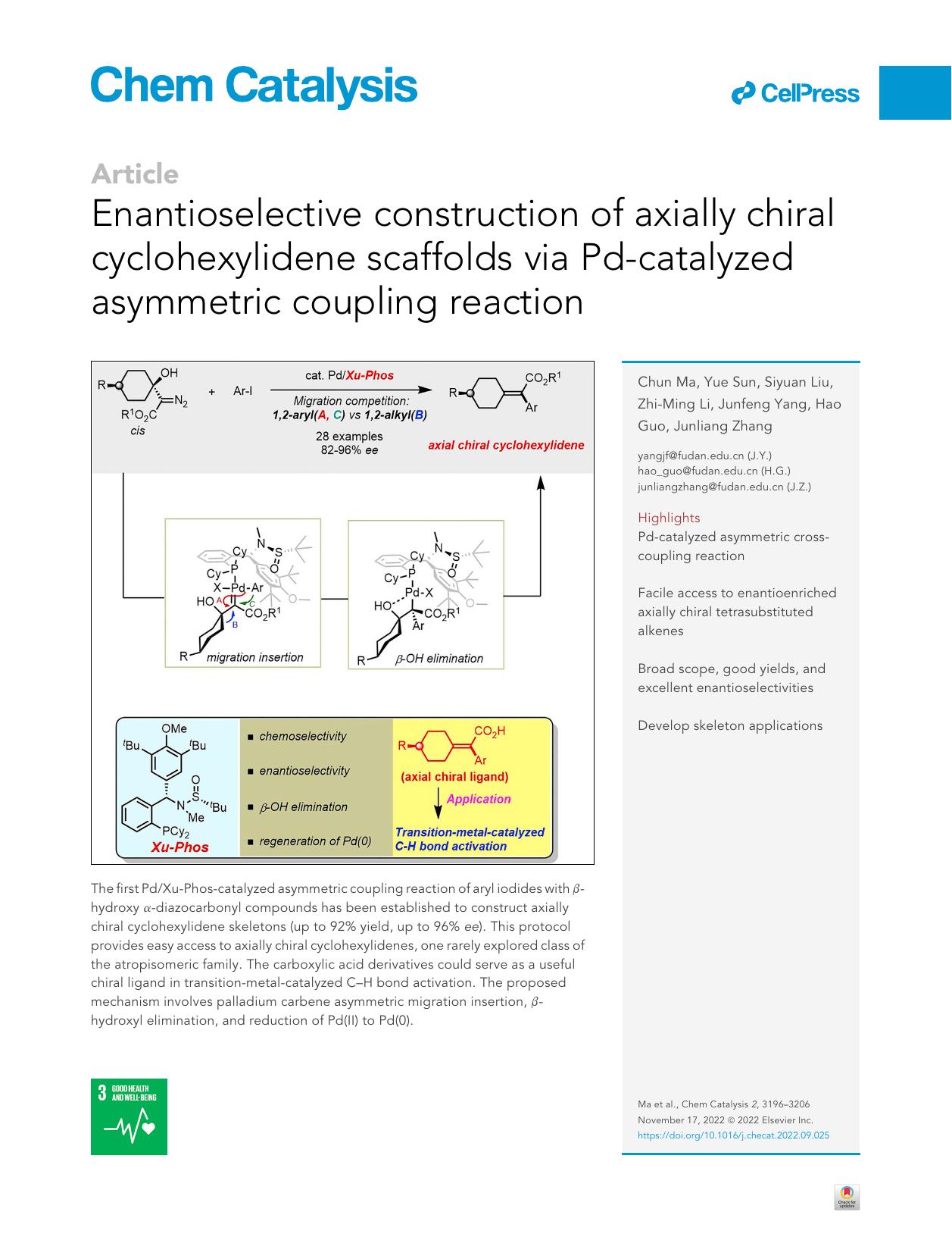 Enantioselective construction of axially chiral cyclohexylidene scaffolds via Pd-catalyzed asymmetric coupling reaction by Chun Ma & Yue Sun & Siyuan Liu & Zhi-Ming Li & Junfeng Yang & Hao Guo & Junliang Zhang