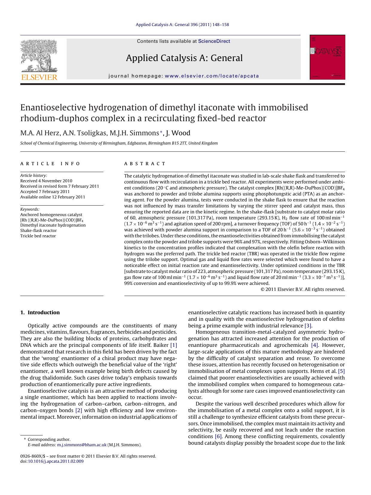 Enantioselective hydrogenation of dimethyl itaconate with immobilised rhodium-duphos complex in a recirculating fixed-bed reactor by M.A. Al Herz