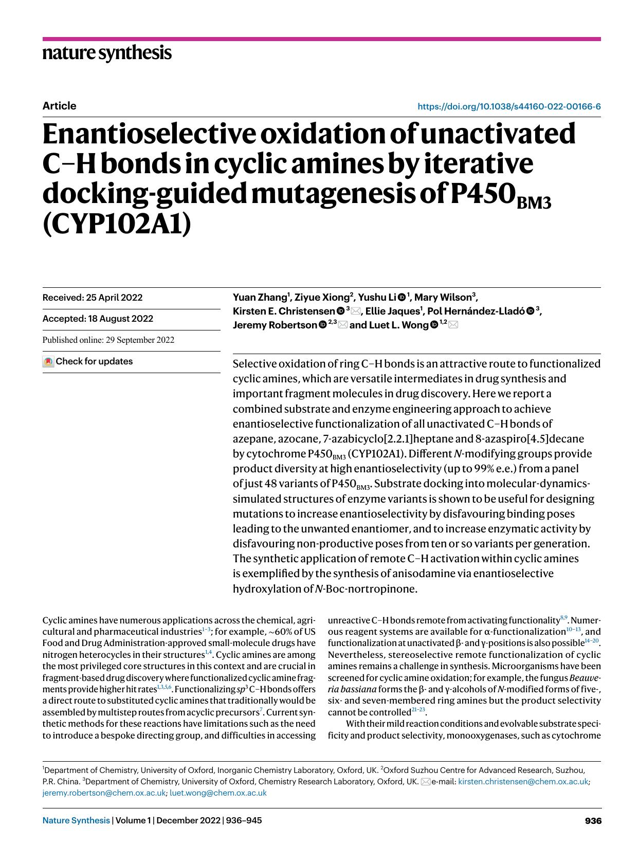 Enantioselective oxidation of unactivated CâH bonds in cyclic amines by iterative docking-guided mutagenesis of P450BM3 (CYP102A1) by unknow