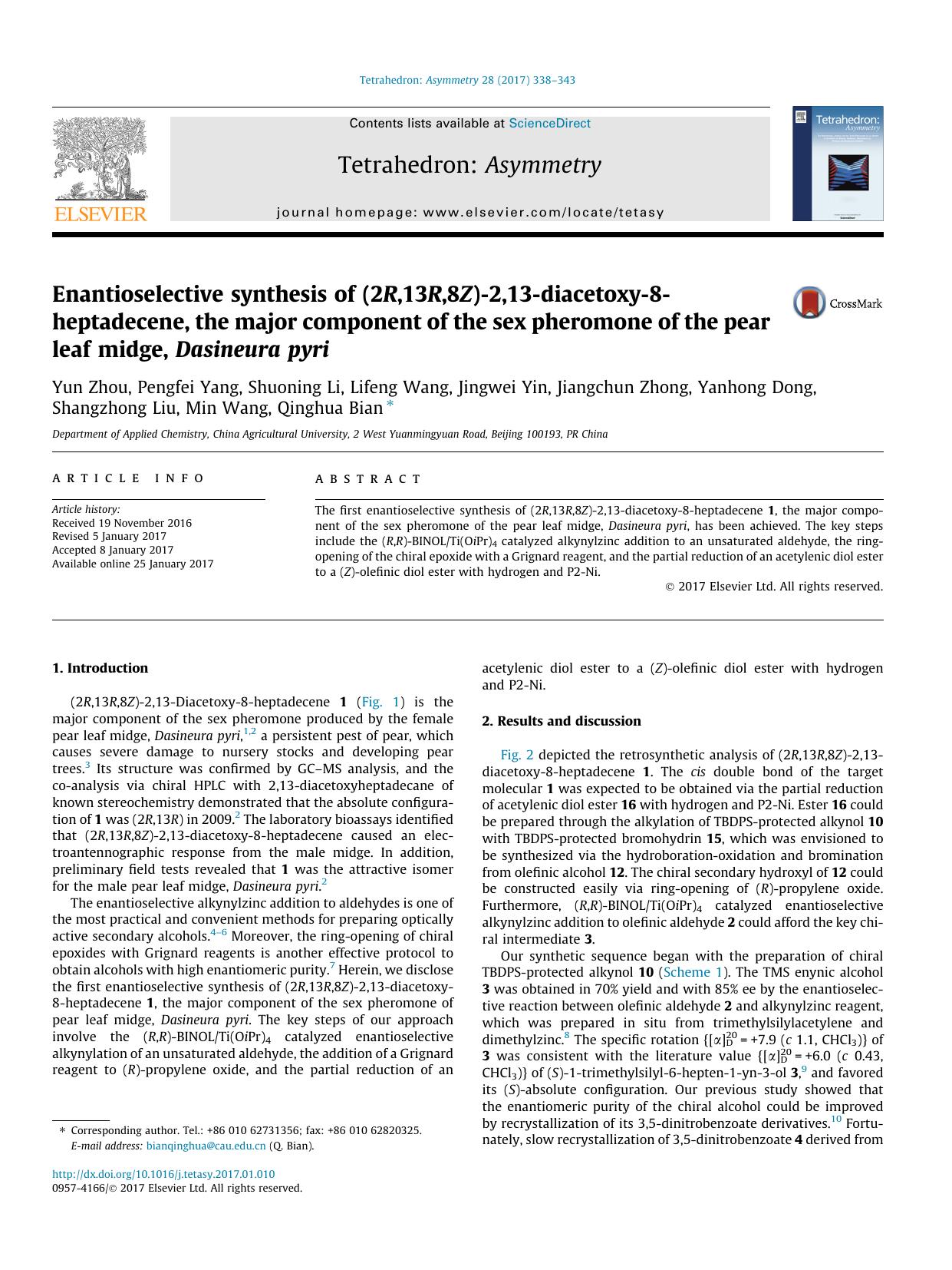 Enantioselective synthesis of (2R,13R,8Z)-2,13-diacetoxy-8-heptadecene, the major component of the sex pheromone of the pear leaf midge, Dasineura pyri by unknow