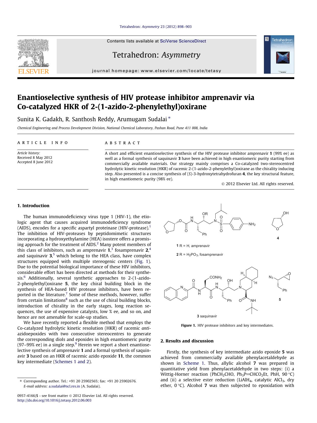 Enantioselective synthesis of HIV protease inhibitor amprenavir via Co-catalyzed HKR of 2-(1-azido-2-phenylethyl)oxirane by Sunita K. Gadakh & R. Santhosh Reddy & Arumugam Sudalai