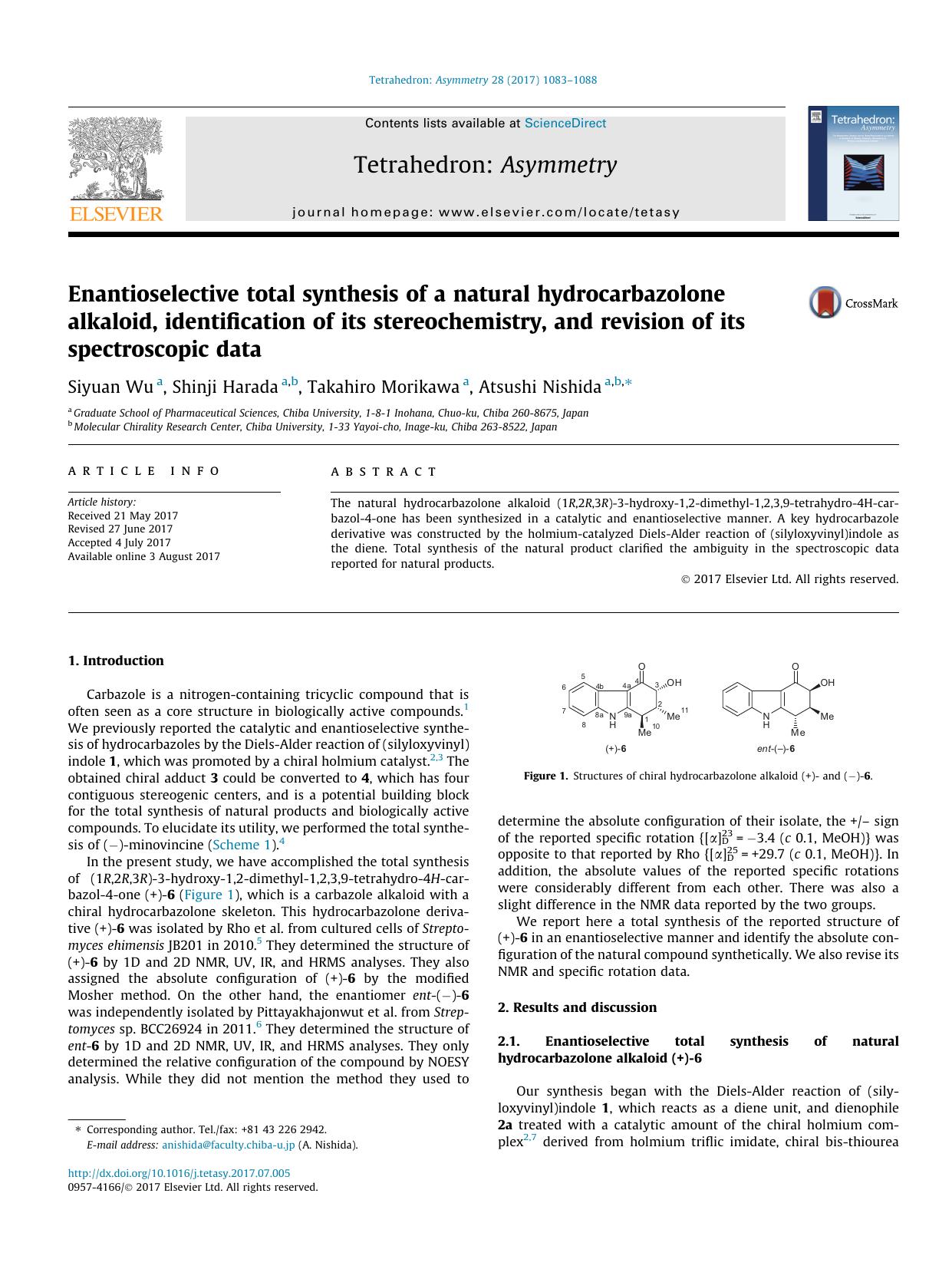 Enantioselective total synthesis of a natural hydrocarbazolone alkaloid, identification of its stereochemistry, and revision of its spectroscopic data by Siyuan Wu & Shinji Harada & Takahiro Morikawa & Atsushi Nishida