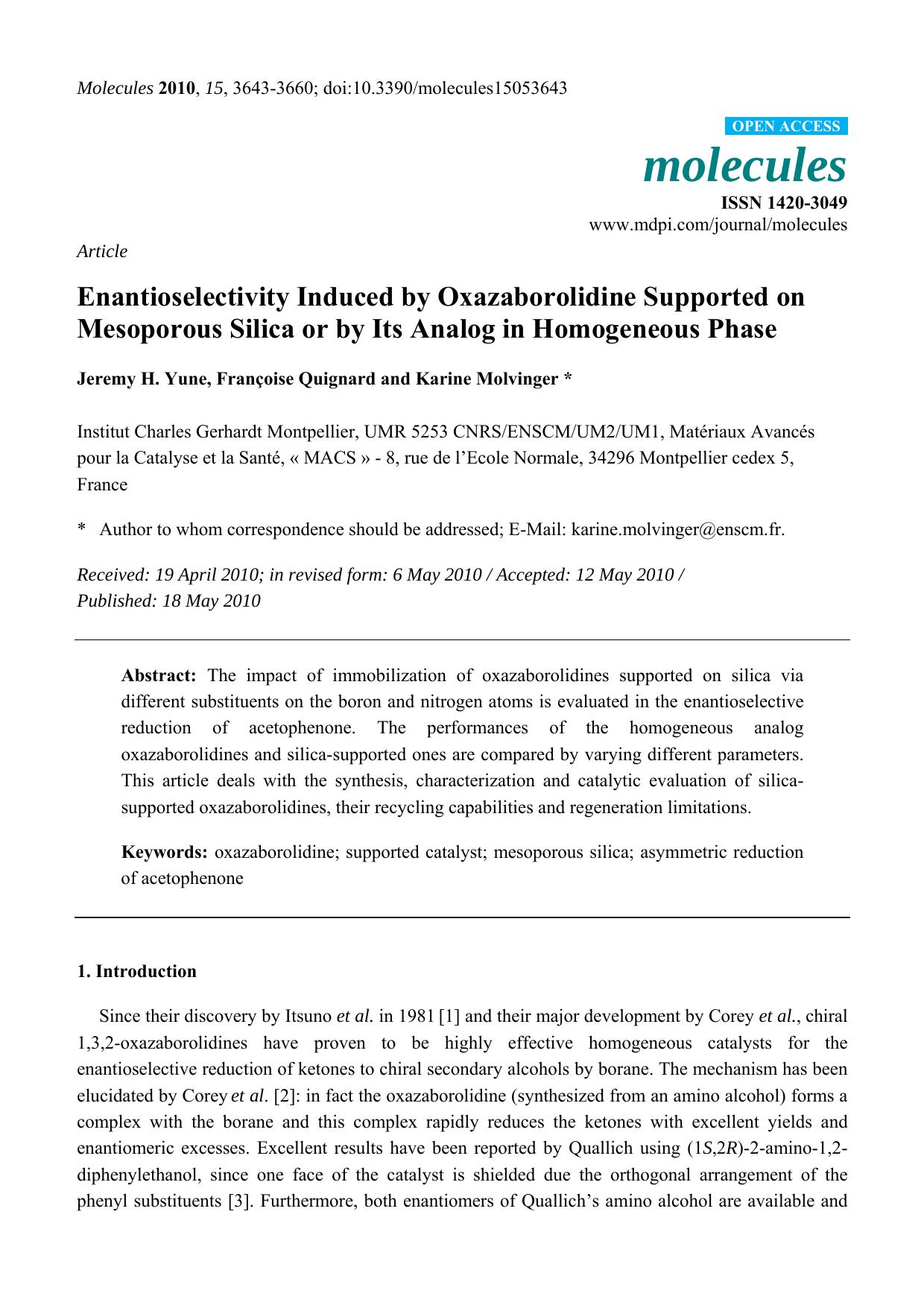 Enantioselectivity Induced by Oxazaborolidine Supported on Mesoporous Silica or by Its Analog in Homogeneous Phase by Jeremy H. Yune & Françoise Quignard & Karine Molvinger