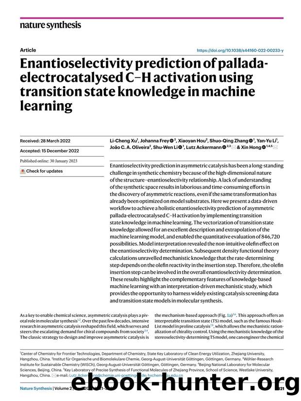 Enantioselectivity prediction of pallada-electrocatalysed CâH activation using transition state knowledge in machine learning by unknow