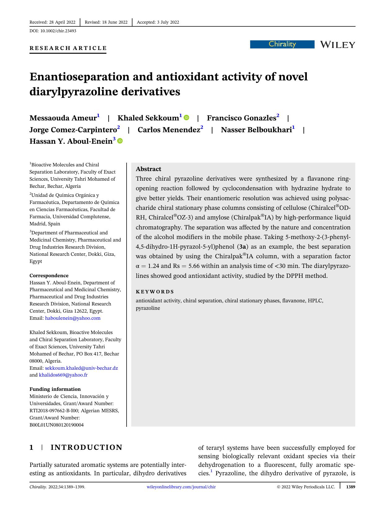 Enantioseparation and antioxidant activity of novel diarylpyrazoline derivatives by unknow