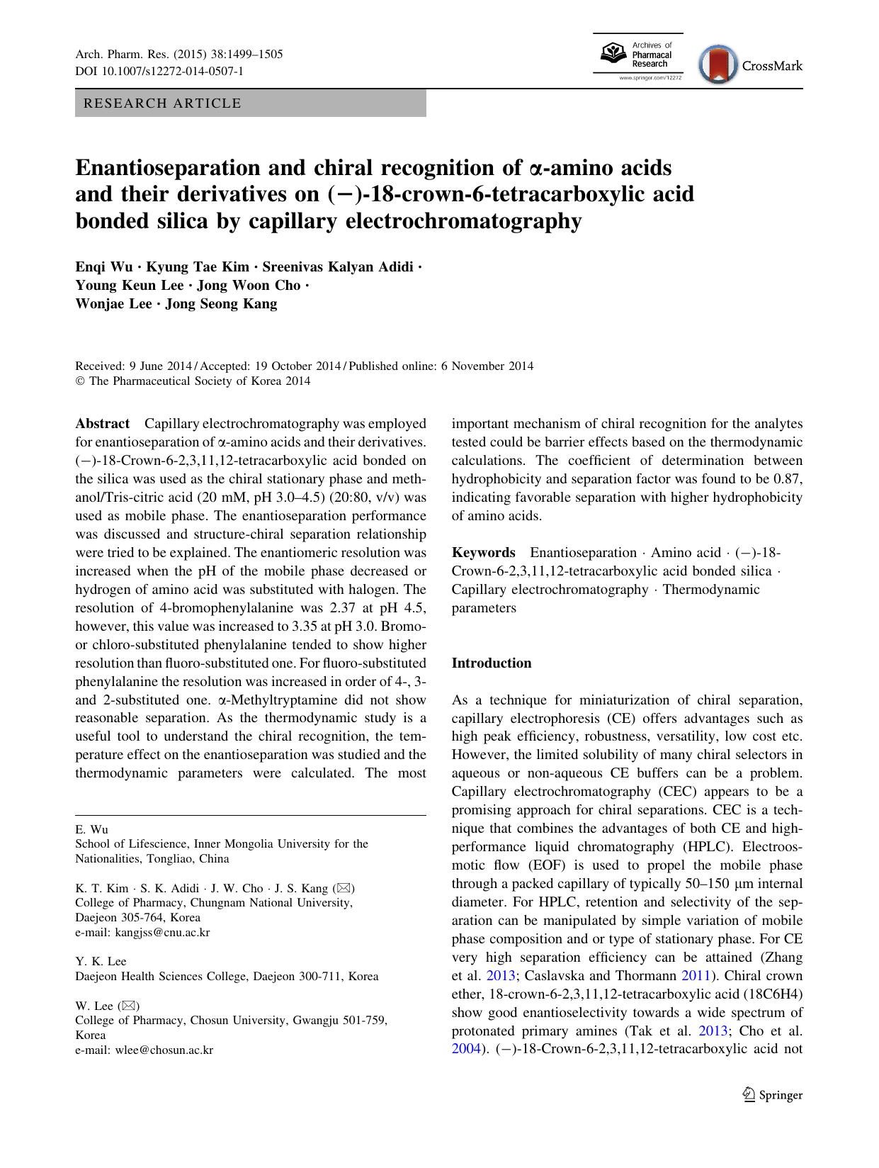 Enantioseparation and chiral recognition of Î±-amino acids and their derivatives on (â)-18-crown-6-tetracarboxylic acid bonded silica by capillary electrochromatography by unknow