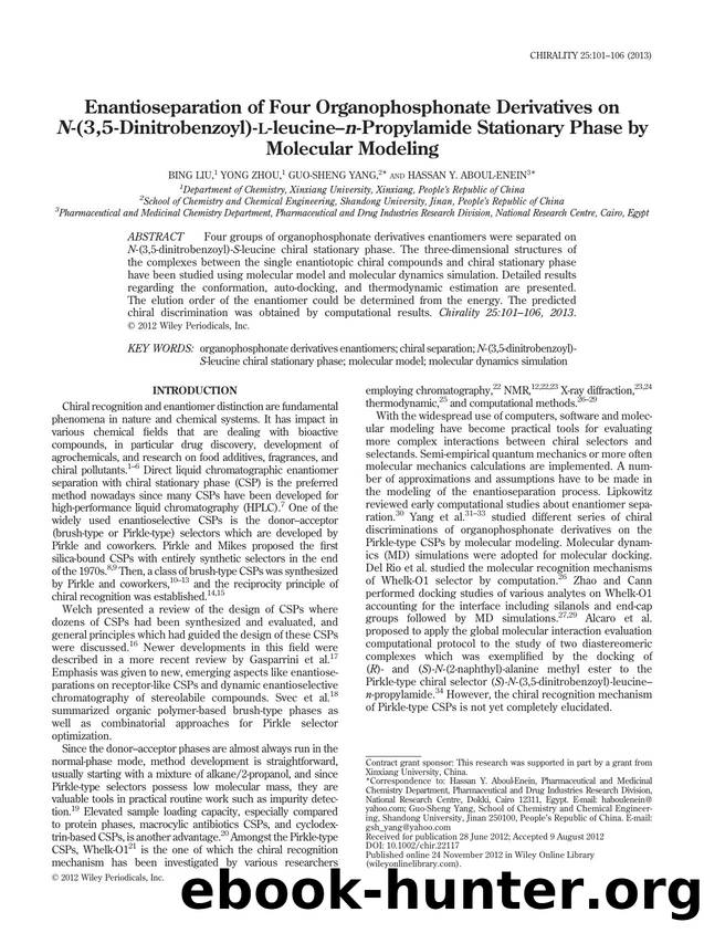 Enantioseparation of Four Organophosphonate Derivatives on N-(3,5-Dinitrobenzoyl)-L-leucineân-Propylamide Stationary Phase by Molecular Modeling by Unknown