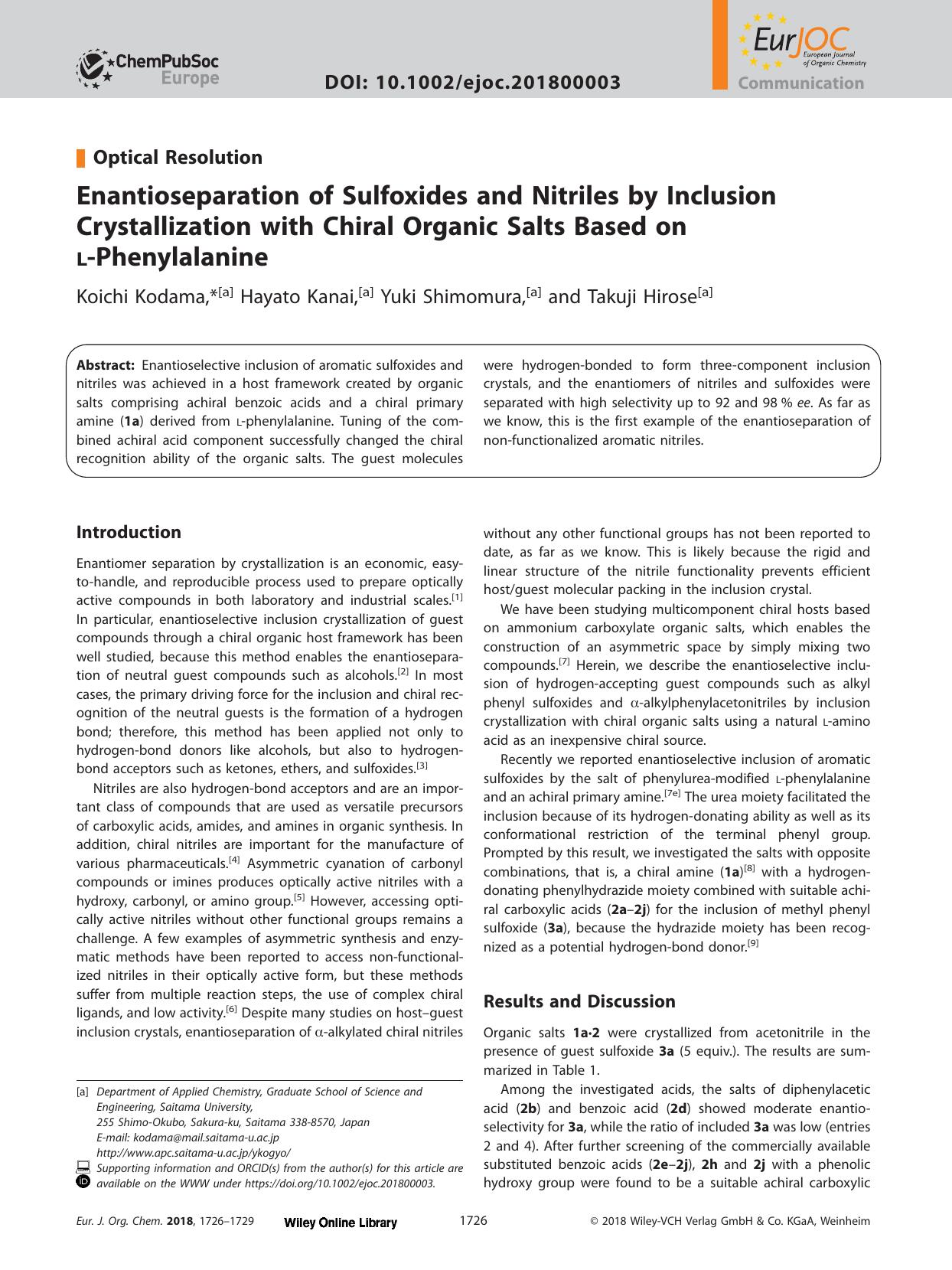 Enantioseparation of Sulfoxides and Nitriles by Inclusion Crystallization with Chiral Organic Salts Based on <sc>l<sc>&#x02010;Phenylalanine by Unknown