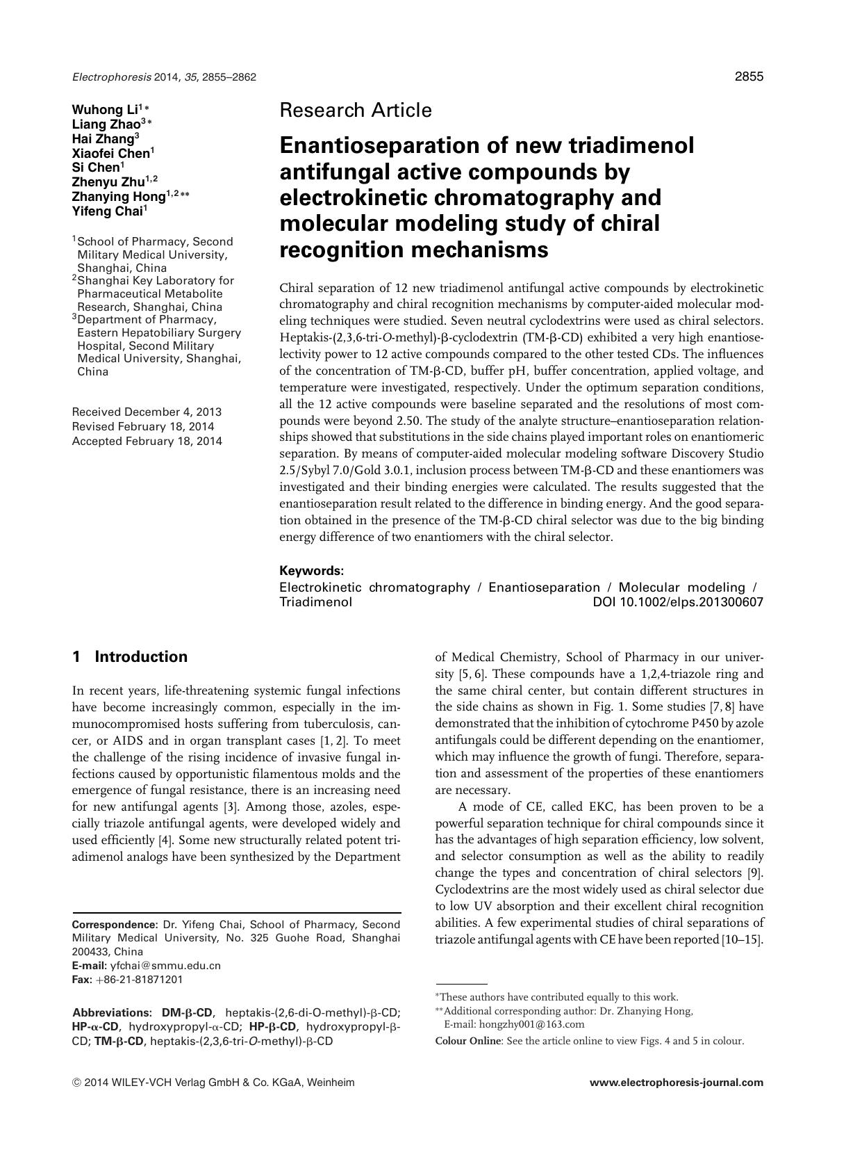 Enantioseparation of new triadimenol antifungal active compounds by electrokinetic chromatography and molecular modeling study of chiral recognition mechanisms by Unknown