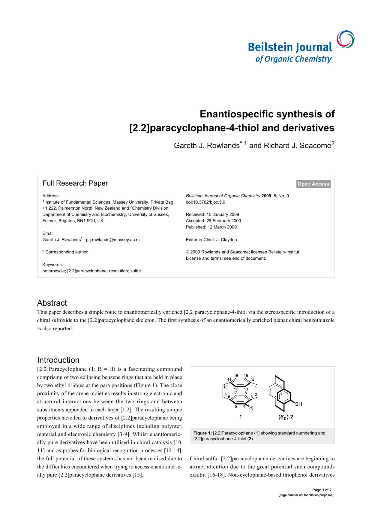 Enantiospecific synthesis of [2.2]paracyclophane-4-thiol and derivatives by Gareth J Rowlands Richard J Seacome