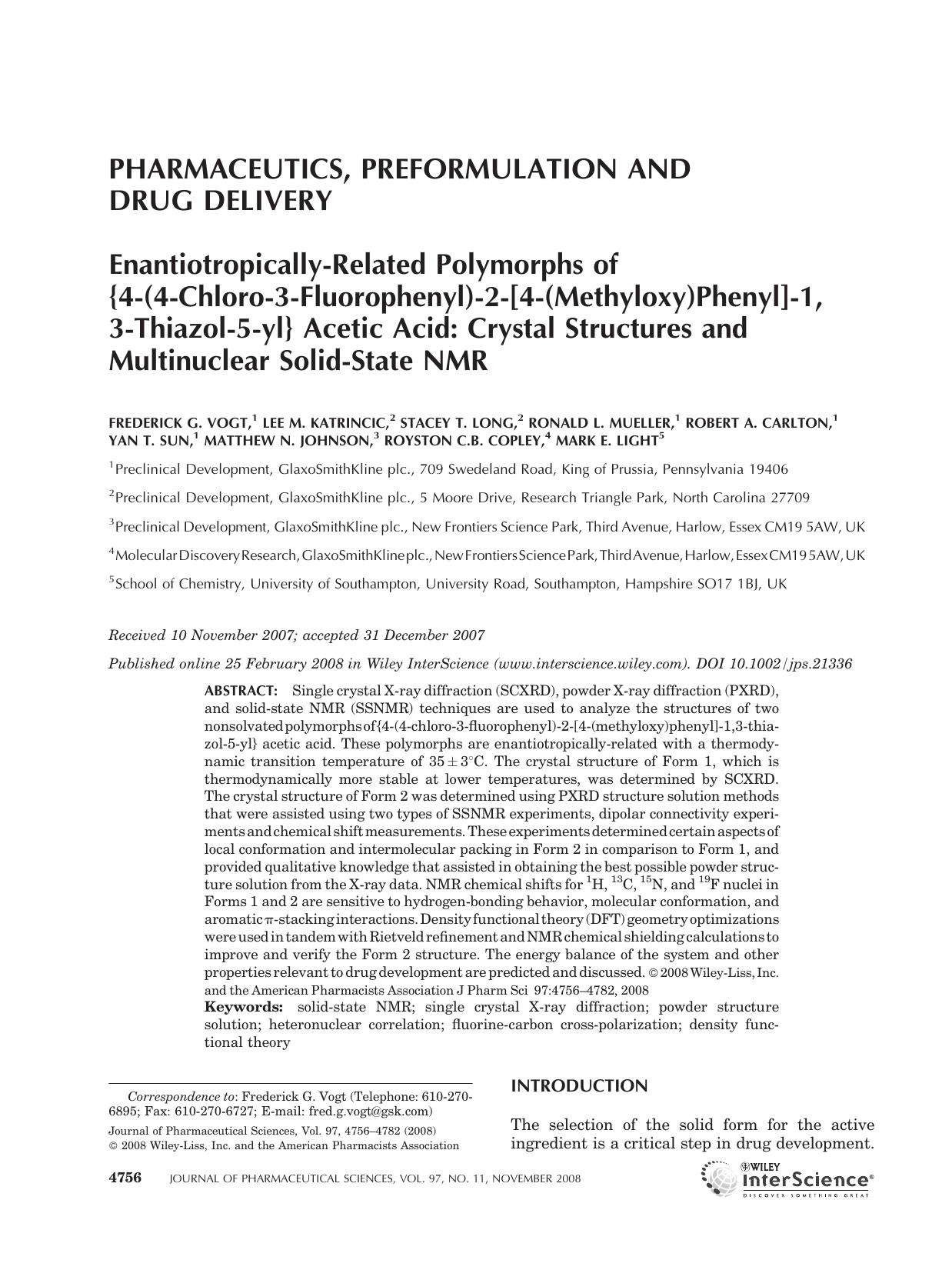 Enantiotropically-related polymorphs of [lcub]4-(4-chloro-3-fluorophenyl)-2-[4-(methyloxy)phenyl]-1,3-thiazol-5-yl[rcub] acetic acid: Crystal structures and multinuclear solid-state NMR by Unknown