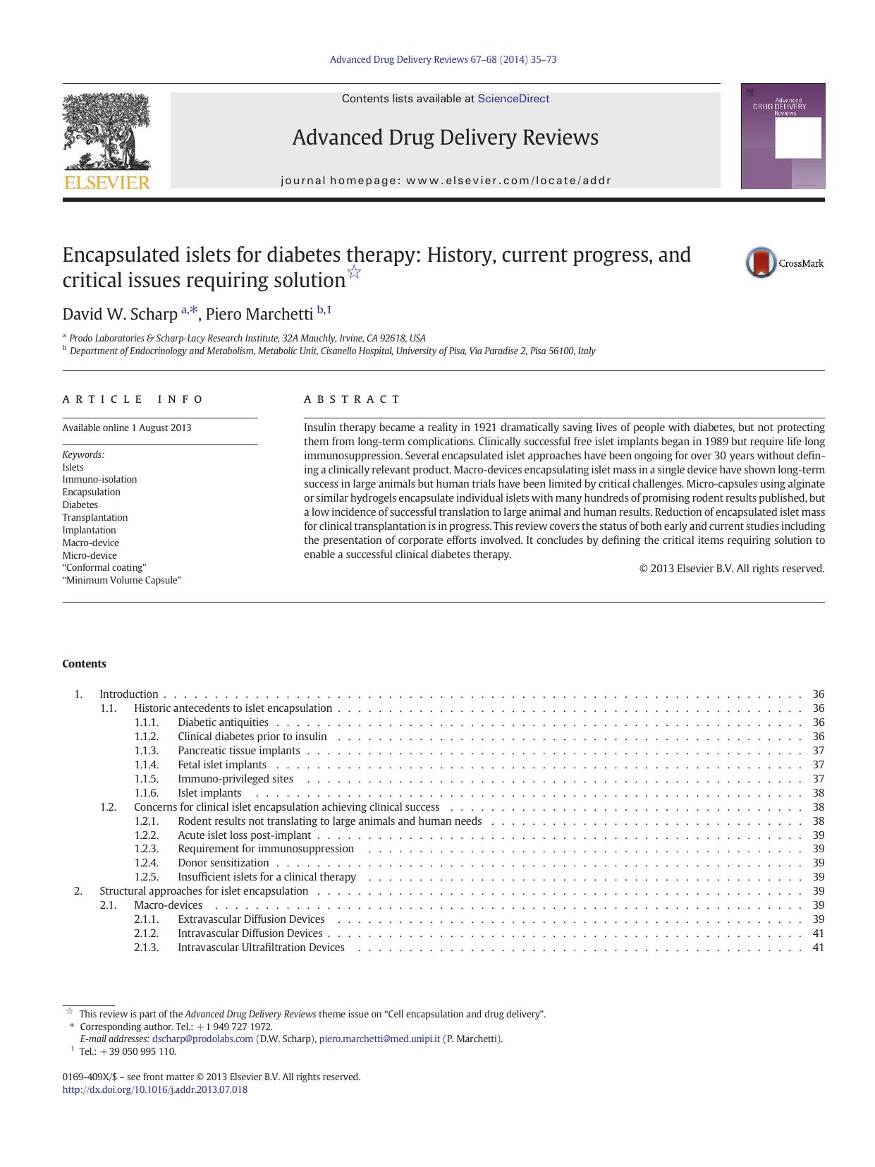 Encapsulated islets for diabetes therapy: History, current progress, and critical issues requiring solution by David W. Scharp & Piero Marchetti