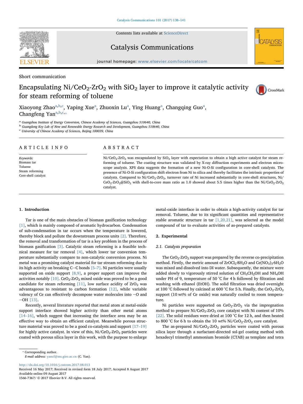 Encapsulating NiCeO2-ZrO2 with SiO2 layer to improve it catalytic activity for steam reforming of toluene by Xiaoyong Zhao & Yaping Xue & Zhuoxin Lu & Ying Huang & Changqing Guo & Changfeng Yan