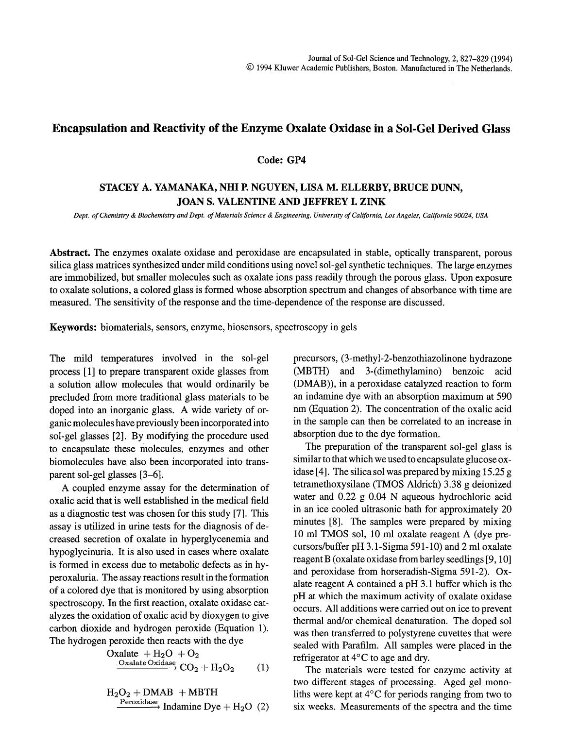 Encapsulation and reactivity of the enzyme oxalate oxidase in a sol-gel derived glass by Unknown