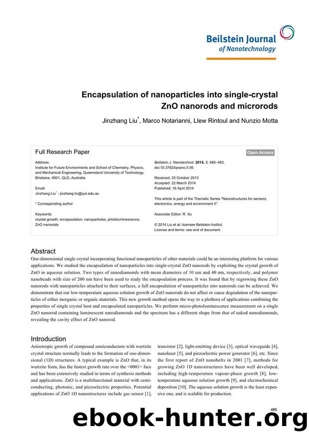 Encapsulation of nanoparticles into single-crystal ZnO nanorods and microrods by Jinzhang Liu Marco Notarianni Llew Rintoul Nunzio Motta
